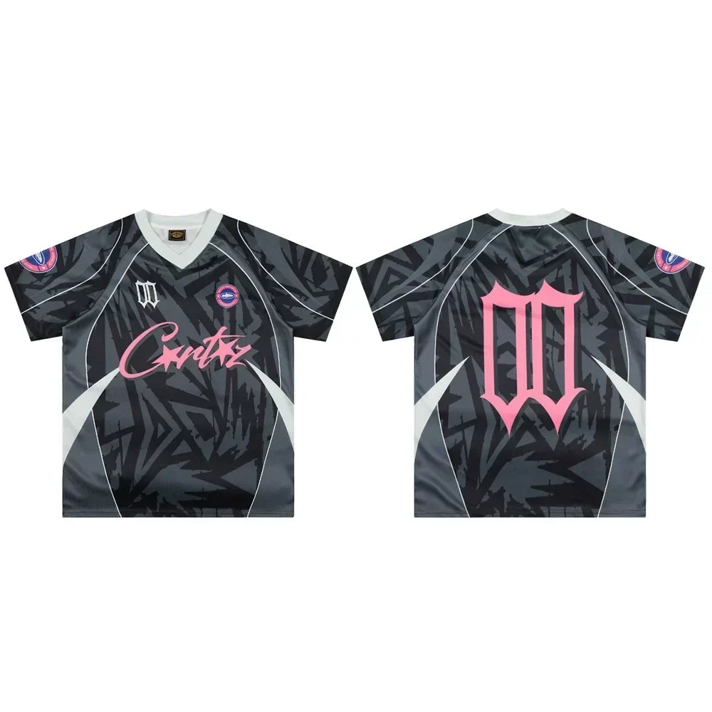Corteiz Geometric Graphic Athletic Jersey T-Shirt - Black/Grey/Pink