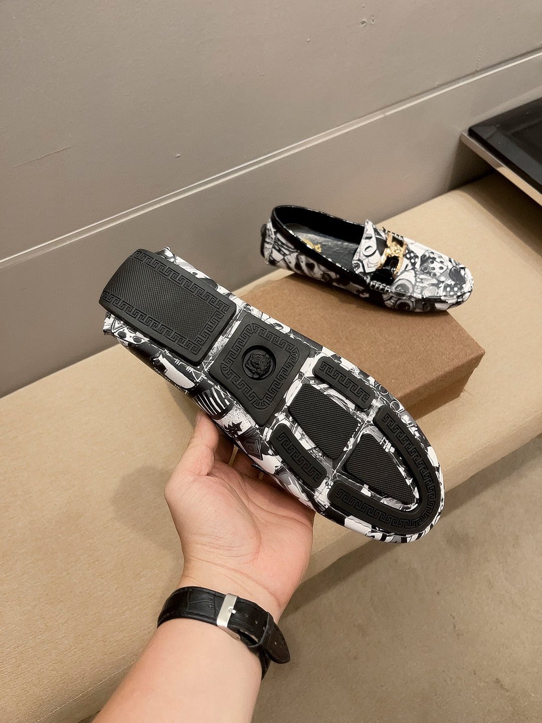 Versace Black & White Graphic Gold-Tone Loafers